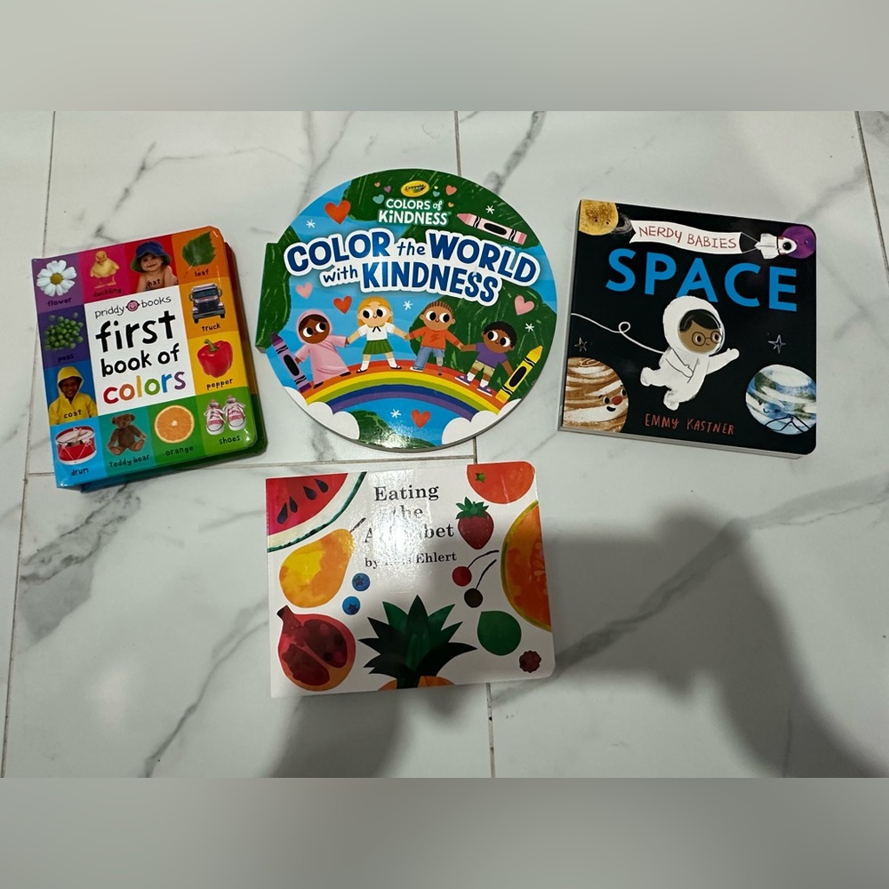 4 board books (first book of color, space, alphabet and color world with kindnes
